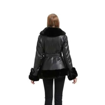 GRAN ORIENTE Faux Leather Jacket for Women with Faux Fur Collar Long Sleeve Fuzzy Parka Overcoat with Warm Trimmed Winter Peplum Coat Belted (GK007 Black XL)