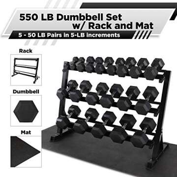 WF Athletic Supply Rubber Coated Hex Dumbbell Set, Multiple Choices Available - Dumbbells with Rack Stand and Mat, or Dumbbells Only (200/550/1200/2100/3000 LB) (e. 5-50LB w/ 3-tier Rack and Mat)
