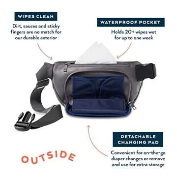 Kibou Vegan Premium Leather Fanny Pack Diaper Bag: Detachable Compact Changing Pad & Baby Wipes Storage - Wear as Belt Bag, on Waist, or Crossbody (Gray)