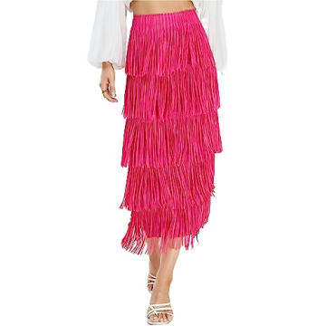 Kisidoo Women's Fringe Trim High Waist Short Pencil Skirt, Rose Red, Elegant & Sexy