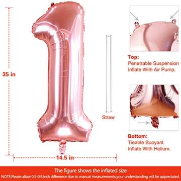 40 Inch Large Rose Gold Number 1 Balloon Extra Big Size Jumbo Mylar Foil Helium Balloons for Birthda...