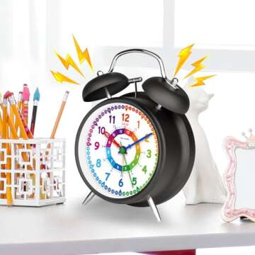 Peakeep Loud Alarm Clock for Kids Learning Telling Time Teaching Clock, 4 Inches Rainbow-Colored Twi...