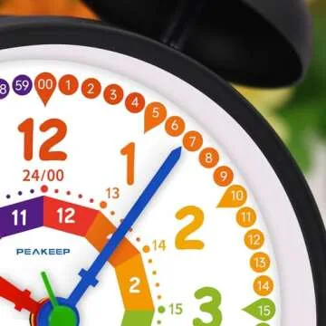 Peakeep Loud Alarm Clock for Kids Learning Telling Time Teaching Clock, 4 Inches Rainbow-Colored Twin Bell Analog Alarm Clock Battery Operated for Heavy Sleepers Adults Teenagers Kids