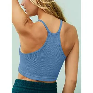 LASLULU Womens Sports Bra Halter Neck Crop Tops Cropped Spaghetti Strap Tank Tops Seamless Casual Camisole Longline Running Bra Crop Top for Teen Girls(Blue Medium)