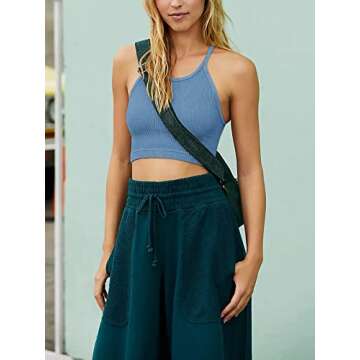 LASLULU Womens Sports Bra Halter Neck Crop Tops Cropped Spaghetti Strap Tank Tops Seamless Casual Camisole Longline Running Bra Crop Top for Teen Girls(Blue Medium)