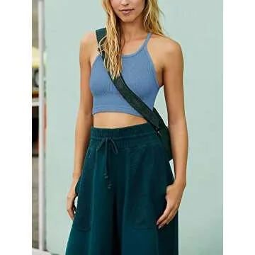 LASLULU Womens Sports Bra Halter Neck Crop Tops Cropped Spaghetti Strap Tank Tops Seamless Casual Camisole Longline Running Bra Crop Top for Teen Girls(Blue Medium)