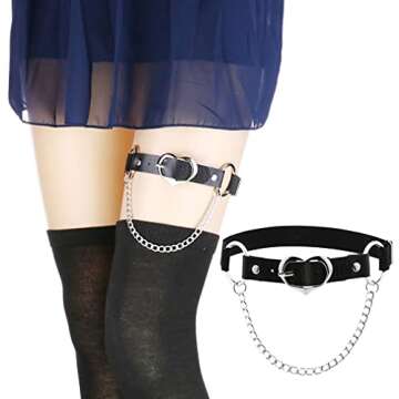 Women Heart Punk Rock Thigh Garter Leather Leg Garter with Chains 2PCs