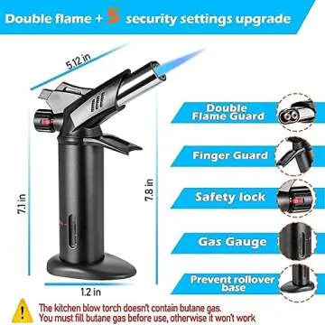 Kitchen Butane Torch Lighters - Professional Cooking Blow Torch for Creme Brulee&Baking Food, Culinary Torches with Dual Flame&Safety Lock (Unfilled Gas)