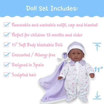 JC Toys La Baby African American Baby Doll Set – 11 Inch Soft Baby Doll with Accessories Including...