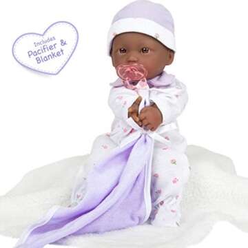 JC Toys La Baby African American Baby Doll Set – 11 Inch Soft Baby Doll with Accessories Including a Removable Purple Outfit – Small Baby Doll Toy for Children 12 Months and Older