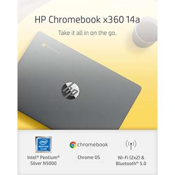 HP Chromebook x360 14a 2-in-1 Laptop, Intel Pentium Silver N5000 Processor, 4 GB RAM, 64 GB eMMC, 14...