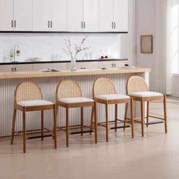 HEAH-YO Rattan Counter Stools Set of 4, 26 Inches Counter Height Bar Stools with Rattan Backs and Wood Legs, Uphlostered Linen Fabric Counter Height Stools for Kitchen Island, Beige