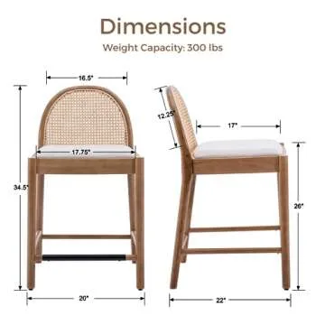 HEAH-YO Rattan Counter Stools Set of 4, 26 Inches Counter Height Bar Stools with Rattan Backs and Wood Legs, Uphlostered Linen Fabric Counter Height Stools for Kitchen Island, Beige