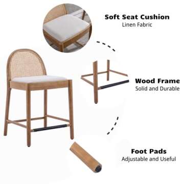 HEAH-YO Rattan Counter Stools Set of 4, 26 Inches Counter Height Bar Stools with Rattan Backs and Wood Legs, Uphlostered Linen Fabric Counter Height Stools for Kitchen Island, Beige