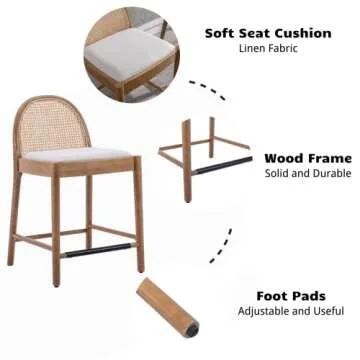 HEAH-YO Rattan Counter Stools Set of 4, 26 Inches Counter Height Bar Stools with Rattan Backs and Wood Legs, Uphlostered Linen Fabric Counter Height Stools for Kitchen Island, Beige
