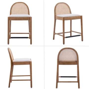 HEAH-YO Rattan Counter Stools Set of 4, 26 Inches Counter Height Bar Stools with Rattan Backs and Wood Legs, Uphlostered Linen Fabric Counter Height Stools for Kitchen Island, Beige