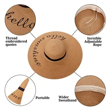 Double Couple Womens Straw Hat Wide Brim Floppy Beach Sun Hat for Women UPF 50+ Adjustable Strap Vacation