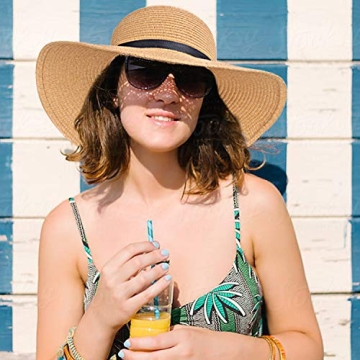 Double Couple Womens Straw Hat Wide Brim Floppy Beach Sun Hat for Women UPF 50+ Adjustable Strap Vacation