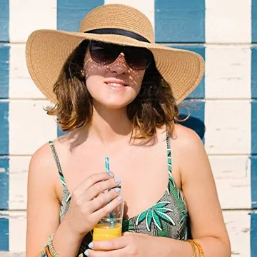 Double Couple Womens Straw Hat Wide Brim Floppy Beach Sun Hat for Women UPF 50+ Adjustable Strap Vacation