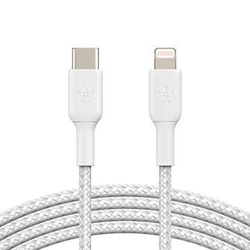 Belkin BoostCharge Nylon Braided USB C to Lightning Cable 6.6ft/2M - MFi Certified 18W Power Delivery iPhone Charger Cord - Apple Charger USB C Cable - Fast Charging for iPhone 14, iPhone 13 - White