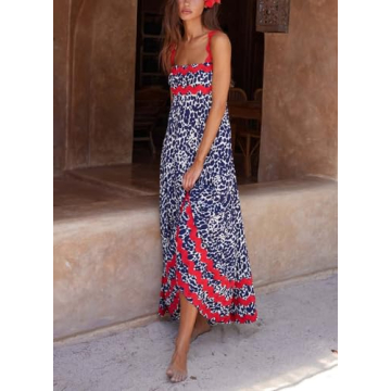 Women Boho Colorful Spaghetti Strap Dress Summer Vacation Beach Long Sun Dress RIC Rac Floral Flowy Cami Maxi Dress