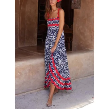 Women Boho Colorful Spaghetti Strap Dress Summer Vacation Beach Long Sun Dress RIC Rac Floral Flowy Cami Maxi Dress