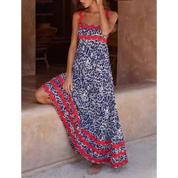 Women Boho Colorful Spaghetti Strap Dress Summer Vacation Beach Long Sun Dress RIC Rac Floral Flowy Cami Maxi Dress
