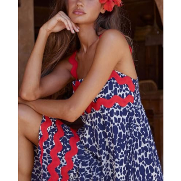 Women Boho Colorful Spaghetti Strap Dress Summer Vacation Beach Long Sun Dress RIC Rac Floral Flowy Cami Maxi Dress