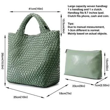 Woven Bag for Women, Vegan Leather Tote Bag Large Summer Beach Travel Handbag and Purse Retro Handmade Shoulder Bag (Bean Green)