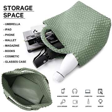 Woven Bag for Women, Vegan Leather Tote Bag Large Summer Beach Travel Handbag and Purse Retro Handmade Shoulder Bag (Bean Green)