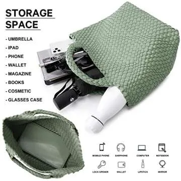 Woven Bag for Women, Vegan Leather Tote Bag Large Summer Beach Travel Handbag and Purse Retro Handmade Shoulder Bag (Bean Green)