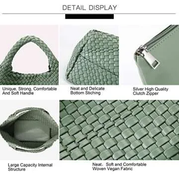 Woven Bag for Women, Vegan Leather Tote Bag Large Summer Beach Travel Handbag and Purse Retro Handmade Shoulder Bag (Bean Green)