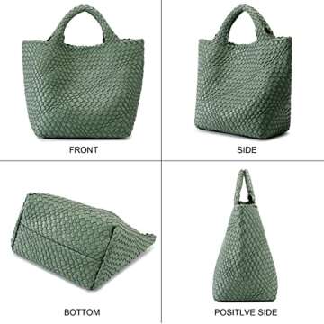Woven Bag for Women, Vegan Leather Tote Bag Large Summer Beach Travel Handbag and Purse Retro Handmade Shoulder Bag (Bean Green)