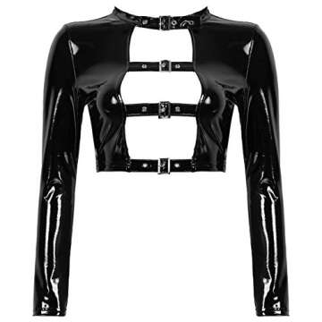 ACSUSS Womens Wet Look Patent Leather Long Sleeves Hollow Out Front with Buckles Crop Top Clubwear Black Small