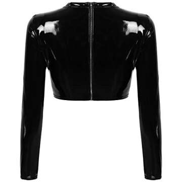 ACSUSS Womens Wet Look Patent Leather Long Sleeves Hollow Out Front with Buckles Crop Top Clubwear Black Small