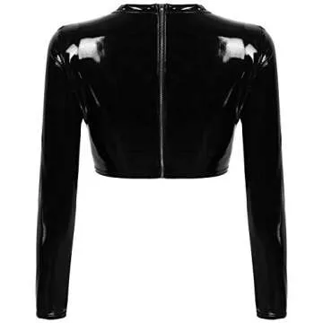 ACSUSS Womens Wet Look Patent Leather Long Sleeves Hollow Out Front with Buckles Crop Top Clubwear Black Small
