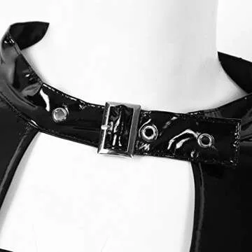 ACSUSS Womens Wet Look Patent Leather Long Sleeves Hollow Out Front with Buckles Crop Top Clubwear Black Small