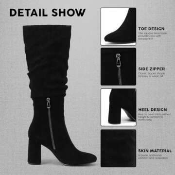 Eteridrey Knee High Boots Womens Chunky Heels Side Zipper Slouchy Boots Comfortable Faux Suede Riding Mid Calf Boots…