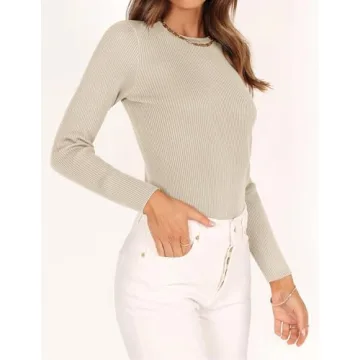 ZESICA Women's Long Sleeve Crewneck Shirts Spring Knit Sweater Slim Fitted Casual Basic Tee Tops,Almond,Medium