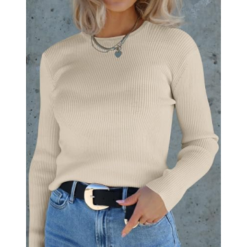 ZESICA Women's Long Sleeve Crewneck Shirts Spring Knit Sweater Slim Fitted Casual Basic Tee Tops,Almond,Medium