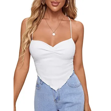 Verdusa Women's Criss Cross Backless Strappy Asymmetrical Hem Crop Cami Top White M