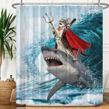 Viajar Funny Cat Shower Curtain, Cat Riding Shark Whale Cute Shower Curtain for Kids Bathroom, Blue ...