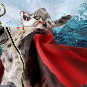 Viajar Funny Cat Shower Curtain, Cat Riding Shark Whale Cute Shower Curtain for Kids Bathroom, Blue Ocean Wave with Shark Shower Curtain Hilarious Shower Curtain Set with Hooks, 70X70Inches