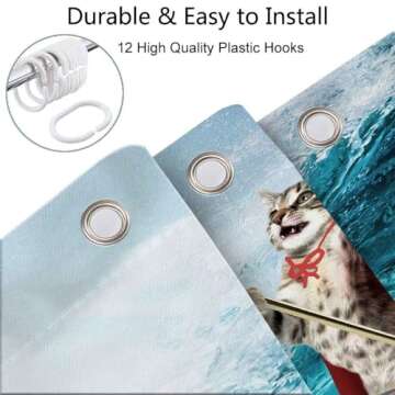 Viajar Funny Cat Shower Curtain, Cat Riding Shark Whale Cute Shower Curtain for Kids Bathroom, Blue Ocean Wave with Shark Shower Curtain Hilarious Shower Curtain Set with Hooks, 70X70Inches