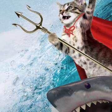 Viajar Funny Cat Shower Curtain, Cat Riding Shark Whale Cute Shower Curtain for Kids Bathroom, Blue Ocean Wave with Shark Shower Curtain Hilarious Shower Curtain Set with Hooks, 70X70Inches