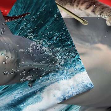 Viajar Funny Cat Shower Curtain, Cat Riding Shark Whale Cute Shower Curtain for Kids Bathroom, Blue Ocean Wave with Shark Shower Curtain Hilarious Shower Curtain Set with Hooks, 70X70Inches