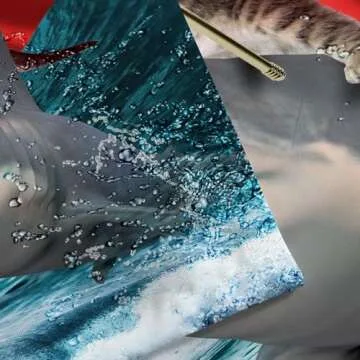 Viajar Funny Cat Shower Curtain, Cat Riding Shark Whale Cute Shower Curtain for Kids Bathroom, Blue Ocean Wave with Shark Shower Curtain Hilarious Shower Curtain Set with Hooks, 70X70Inches