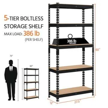 Topeakmart 5-Tier Utility Shelves, Metal Storage Shelves, Adjustable Shelving Units, Boltless Assembly, Garage Shelves Shed Shelving for Warehouse Garage Shed Basement- Black, 27.5 x 12x 60 Inch