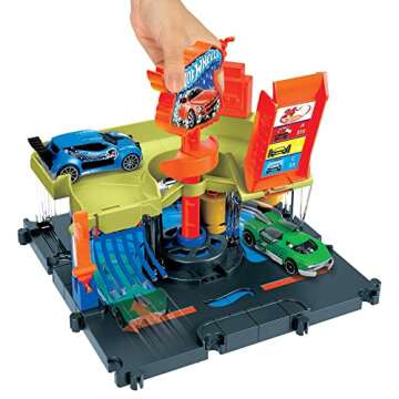 Hot Wheels City Toy Track Set, Downtown Express Car Wash Playset with 1:64 Scale Vehicle, Foam Roller & Drying Flaps