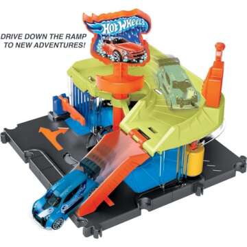 Hot Wheels City Toy Track Set, Downtown Express Car Wash Playset with 1:64 Scale Vehicle, Foam Roller & Drying Flaps